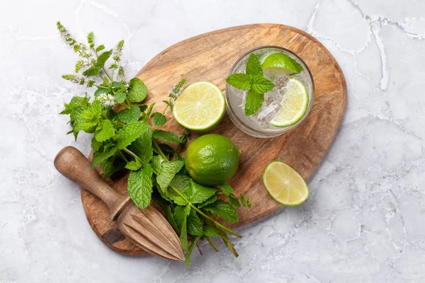 Mojito Cocktail Ingredients Drinks Utensils Stone Table Flat Lay — Stock Photo, Image