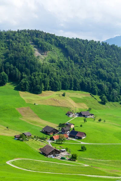 Vue Panoramique Sur Campagne Les Vertes Prairies Alpines Les Alpes — Photo