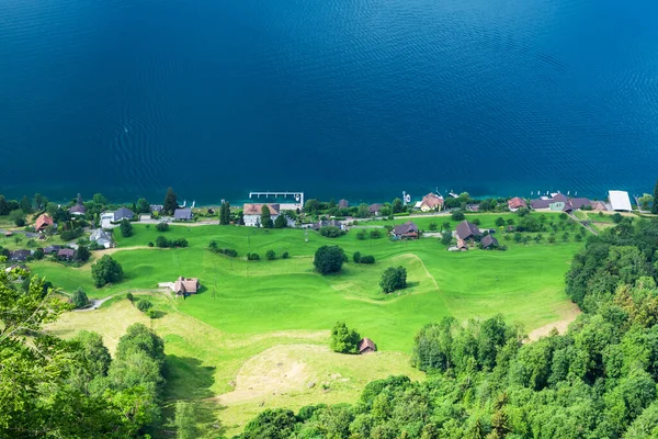 Panoramic View Lake Green Alpine Meadows Alps Mountains Switzerland — Stock Photo, Image