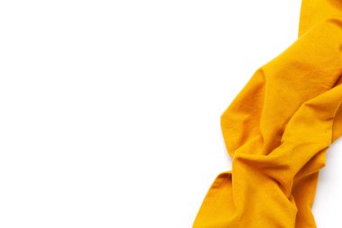 Mutfak masa örtüsü. Beyaz arka planda izole edilmiş yemek havlusu. Üst görünüm düzlüğü kopyalama alanı ile yatıyordu