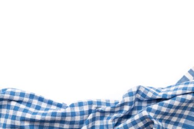 Mutfak masa örtüsü. Beyaz arka planda izole edilmiş yemek havlusu. Üst görünüm düzlüğü kopyalama alanı ile yatıyordu