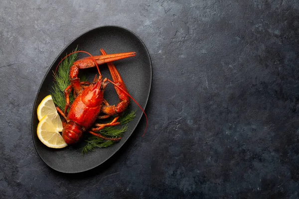 Boiled Crayfish Dill Lemon Top View Flat Lay Copy Space — Stock Photo, Image