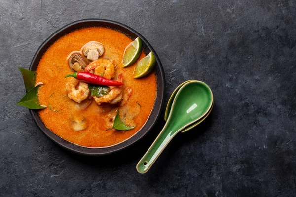 Thai Tom Yum Soup Seafood Flat Lay Copy Space — Stock Photo, Image