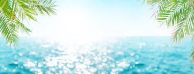 Güneşli bokeh ve palmiye yapraklarıyla çözünmüş mavi deniz manzarası