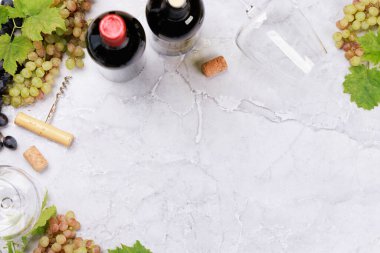 Beyaz, gül, kırmızı şarap kadehleri ve şişeler. Kopyalama alanı olan düz