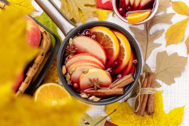 Meyve ve baharatlı sıcak şarap. Sonbahar kokteyli. Düz yatıyordu