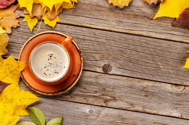 Kahve fincanı ve sonbahar yaprakları. Kopyalama alanı olan düz