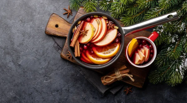 Hot Mulled Wine Fruits Spices Flat Lay Copy Space — Stock Photo, Image
