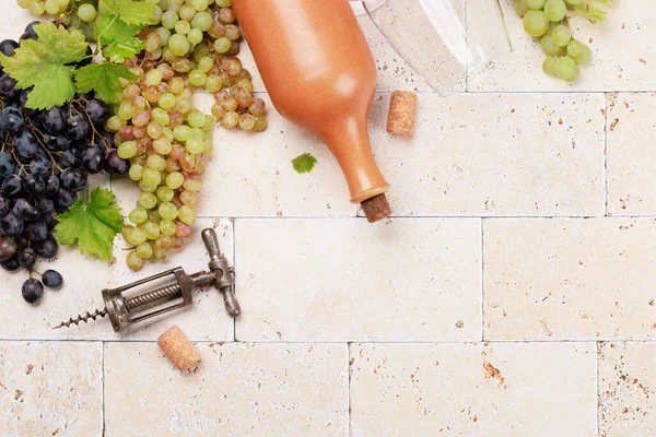 Wine Bottle Grape Glass Flat Lay Copy Space — Stock Photo, Image