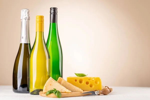 Various Cheese Board White Wine Copy Space — Fotografia de Stock