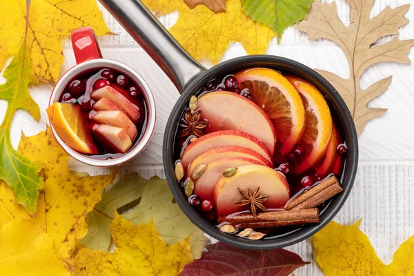 Hot Mulled Wine Fruits Spices Autumn Cocktail Flat Lay — Stock Photo, Image