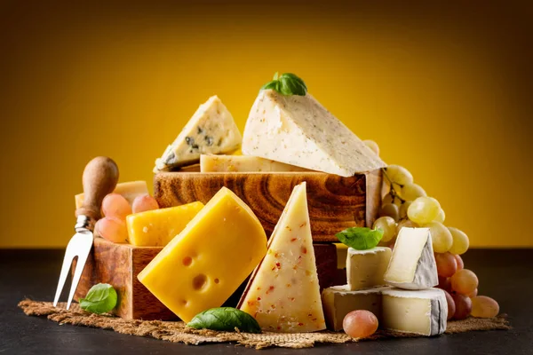 各种奶酪 葡萄和罗勒叶 — 图库照片
