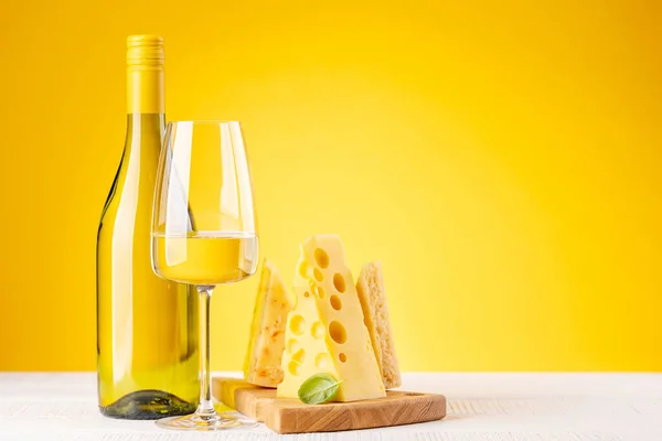 Various Cheese Board White Wine Yellow Background Copy Space — Foto de Stock