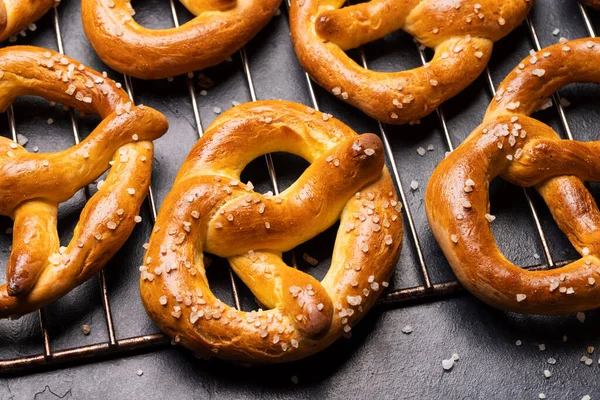 Freshly baked homemade pretzels. Flat lay