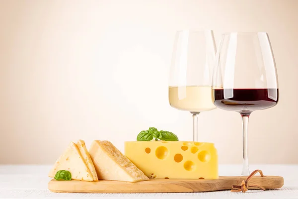 Various Cheese Board Red White Wine Copy Space — Photo