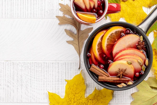 Hot Mulled Wine Fruits Spices Autumn Cocktail Flat Lay Copy — Stock Photo, Image