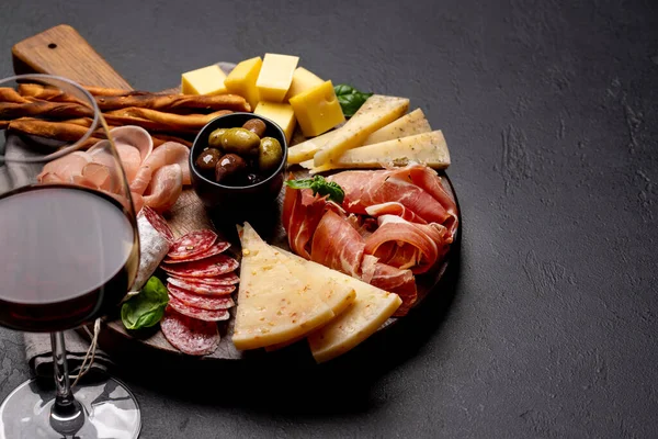 Antipasto Board Various Meat Cheese Snacks Copy Space — Stock Photo, Image