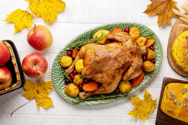 Thanksgiving Turkey Pumpkin Bread Rustic Table Flat Lay — Foto de Stock