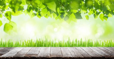 Wooden table with summer bokeh and copy space for your product. Outdoor template