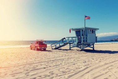 Lifeguard Tower and car on Manhattan Beach in Los Angeles, California