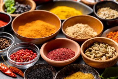 Various spices in bowls. Closeup