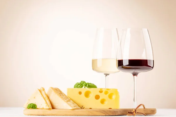 Various Cheese Board Wine Beige Background Copy Space — Stockfoto