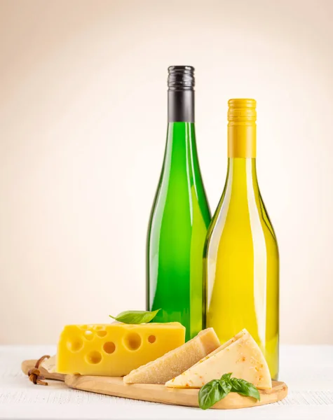 Various Cheese Board White Wine Beige Background Copy Space — Zdjęcie stockowe