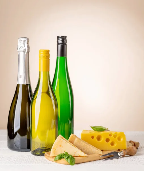 Various Cheese Board White Wine Beige Background Copy Space — Stok fotoğraf