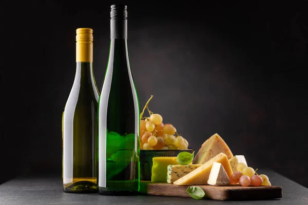 Various Cheese Board White Wine Dark Background Copy Space — Stock Photo, Image