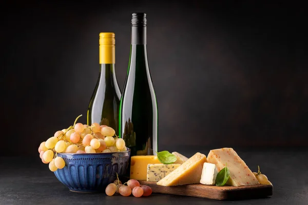 Various Cheese Board White Wine Dark Background Copy Space — Stock Fotó
