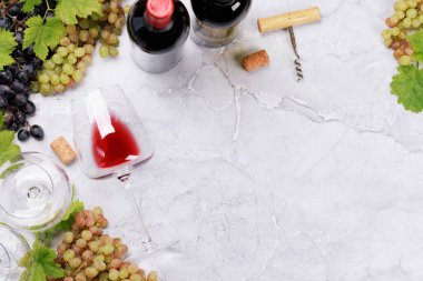 Beyaz, gül, kırmızı şarap kadehleri ve şişeler. Kopyalama alanı olan düz