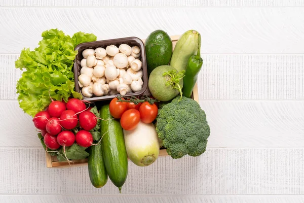 Wooden Boxes Full Healthy Vegetables Food Flat Lay Copy Space — Φωτογραφία Αρχείου