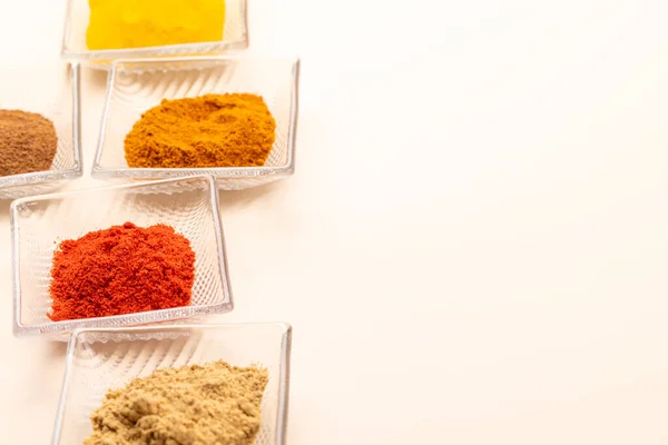 Various Dried Spices Small Bowls Copy Space — Stock Photo, Image