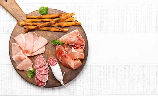 Antipasto Board Various Meat Snacks Flat Lay Copy Space — Stock Photo, Image