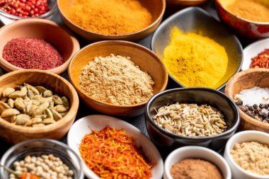 Various spices in bowls. Closeup