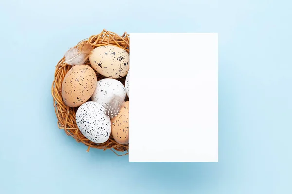 Paskalya Tebrik Kartı Yuvadaki Paskalya Yumurtalarının Üstünde Üst Görünüm Düzlüğü — Stok fotoğraf