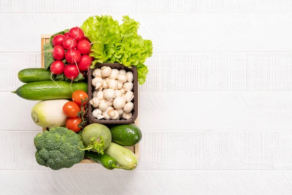 Wooden Boxes Full Healthy Vegetables Food Flat Lay Copy Space — Fotografia de Stock