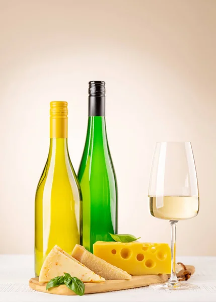 Various Cheese Board White Wine Beige Background Copy Space — Stok Foto