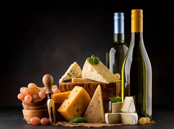 Various Cheese Board White Wine Dark Background Copy Space — Photo
