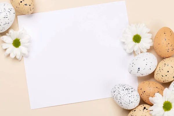 Easter Eggs Flowers Beige Background Space Your Greetings Flat Lay — Stockfoto