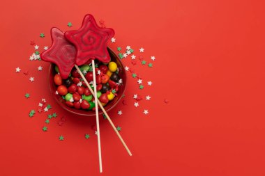 Candy sweets and copy space for your text. Flat lay