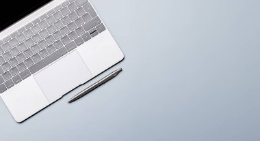 Top view business office desk with laptop. Flat lay workspace with copy space