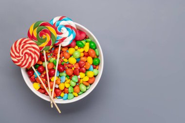 Various candy sweets and copy space for your text. Flat lay