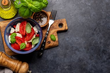 Olgun domatesli Caprese salatası, mozzarella peyniri ve bahçe fesleğeni. Kopyalama alanı olan düz