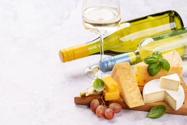 Various Cheese Board White Wine Copy Space — Zdjęcie stockowe