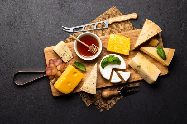Various Cheese Wooden Board Flat Lay Copy Space — Stok Foto