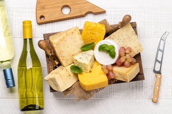 Various Cheese Board White Wine Flat Lay — Photo