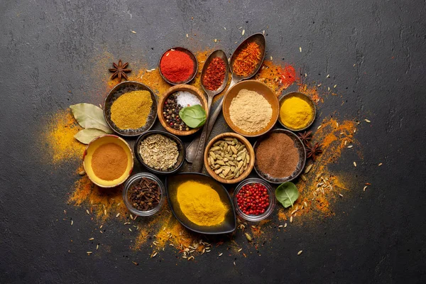 Various Spices Bowls Spoons Stone Table Flat Lay — Stock Photo, Image