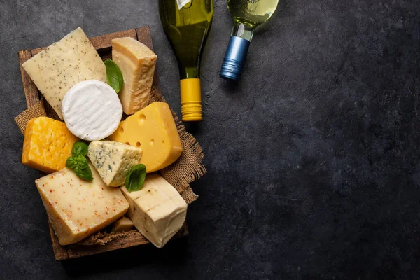 Various Cheese Box Wine Bottles Flat Lay Copy Space — Stock Photo, Image