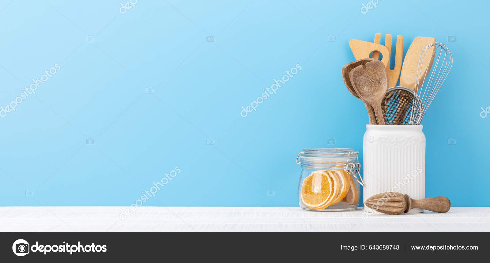 Kitchen Utensils Wooden Table Front View Copy Space Stock Photo by